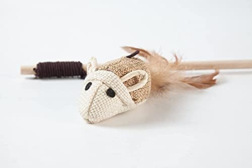 Cat Teaser Cat Kitten Toys Set Natural Sisal Wand Teasers with Mouse, Bell, Feather, Elastic String, and Sturdy Wood Rod