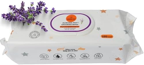 Aurora Pet Wipes – 100% Natural, Plant-Based Hypoallergenic Grooming Wipes for Dogs & Cats – Extra-Durable, Large & Thick for Effortless Cleaning (Lavender, 100 Count)