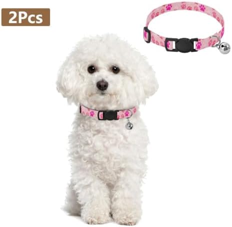 2 Pack Puppy Collar Paw Print Pink Decorative Pet Collar with Bell, Adjustable Length 10.6" to 17.1"