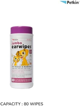 Petkin Jumbo Pet Ear Wipes, 80 Extra Moist Wipes - Soothing & Deodorizing Pet Ear Cleaner to Remove Dirt, Odor, & Wax - Safe, Convenient, & Easy to Use Pet Wipes for Dogs, Cats, Puppies & Kittens