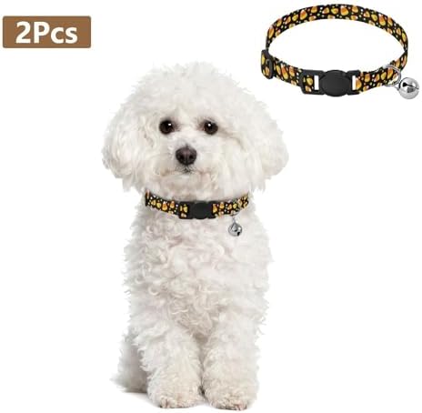 2 Pack Kitten Collars Halloween Candy Corn Black Dog Collar with Bell, Adjustable 10.6 to 17.1 Inches
