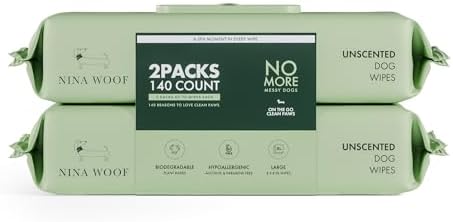Nina Woof Dog Wipes – Fragrance-Free, Alcohol-Free, Hypoallergenic Pet Grooming Wipes with Aloe Vera, Biodegradable, for Dogs & Cats: Paws, Face, Ears & Butt – 2-Pack (140 Count)