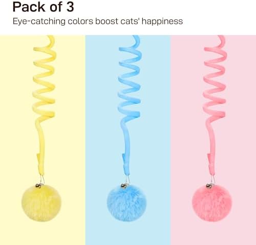 Potaroma Hanging Fluffy Cat Catnip Ball Toys 3 Pcs with Bell, Interactive Cat Teaser Retractable Toys Indoor Kitten Play Chase Exercise Physical Stimulation