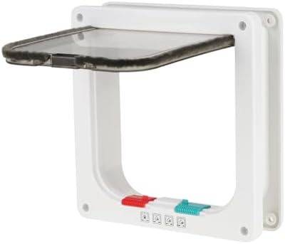 L Size 4-Way Lockable Pet Door, Secure Flap for Cats and Small Dogs, DIY Installation, Weatherproof Double-Flap Design, White Plastic Material