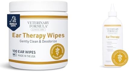 Veterinary Formula Clinical Care Ear Therapy Bundle with Cleaner Solution 8 Fl Oz + Cleaner Wipes 100 ct – Cat & Dog Ear Cleaner, Helps Soothe Itchiness and Clean The Ear Canal of Debris and Buildup