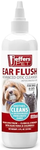 Jeffers Ear Flush for Dogs, Cats & Puppies, 8 oz - Otic Ear Cleanser Solution with 0.2% Ketoconazole, Aloe Vera & Calendula, Gentle Ear Wash for Pet Hygiene, Grooming, Wax & Debris Cleaning