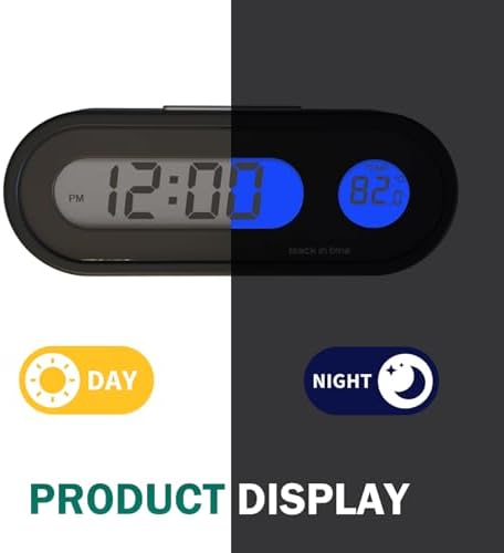 Car Clock, 2 in 1 Night-Lighting LED Screen with Temperature Display, Adjustable Angle Dashboard Clock with Fixed Base, Self-Adhesive Switchable 12/24-hour Timing Device (Black)