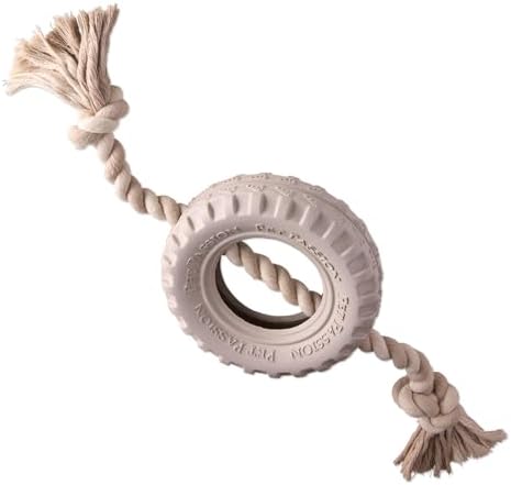 Pet Passion Natural Rubber Tire and Organic Cotton Rope Pull and Chew Dog Toy for All Pet Breeds, Almond Milk, Small