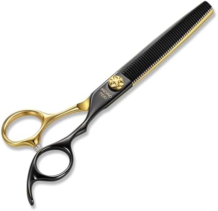 7'' Thinning Dog Grooming Scissors with Decorative Screw Sharp and Durable Black and Gold 440C Stainless Steel Dog Thinner Shears Easy Use for Groomers and Beginners