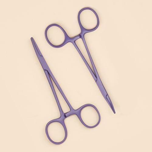 Pets ears/nose hair Puller Straight & Curved full serrated, stainless steel Home Hemostat Locking Forceps, Professional pet grooming tool for cats & dogs 2pcs set （purple）
