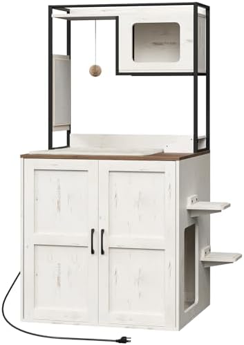 HOOBRO Cat Automatic Litter Box Enclosure Furniture, 30.5" L x 26.8" W x 61" H, Hidden Robotic Litter Box Cabinet, Dog-Proof Shelf with Charging Station, Scratching Mat, Bowls, White WH68UMZ03