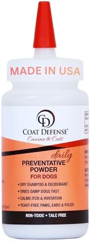 COAT DEFENSE Daily Preventative Powder | Made in USA | 4.2oz Precision Point Waterless Dog Shampoo & Pet Deodorizer for Smelly Dogs | Provides Anti Itch Relief | Dog Dry Shampoo for Dry Itchy Skin