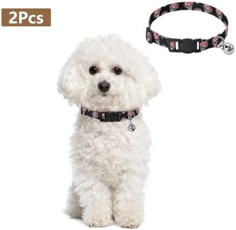 Skulls Red Roses Bell Collar for Small Dogs 2 Pack Kitten Collars Adjustable 10.6 to 17.1 Inches