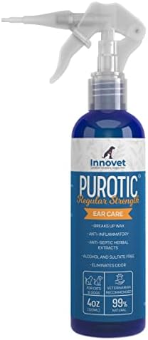 Innovet PurOtic Ear Cleaner for Dogs & Cats with Silicone Applicator Made With Essential Oils - 100% Made In USA - Regular Strength 4 oz Bottle