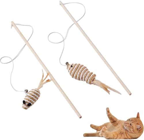 NOWFRESH Cat Wand Toy Set, 2 PCS Interactive Cat Teaser Wands with Cute Paper Mice & Paper Fish Designs, Equipped with Bells and Streamers to Captivate Your Cat’s Attention