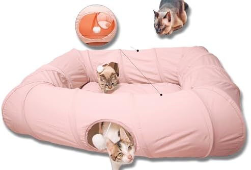 XxingSheep 4 Ways Shuttled XL Cat Tunnel Bed for Indoor Cats Peekaboo Cat Cave Donut with Cool Mat (Pink)
