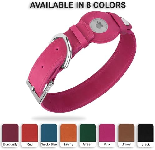 Leather Dog Collar with Airtag Holder - Apple Air Tag Dog Collars - Soft Tracking GPS Pet Collar for Small Medium Large Dogs Breed Puppy (Pink, XL, 19"-24" Neck Fit)