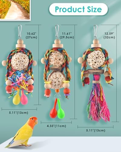 Bissap 3PCS Bird Parrot Foraging Shredder Hanging Toys Sola Balls with Sand Hammer for Small Parrots Parakeets Conures Cockatiels Love Birds Cage Toy