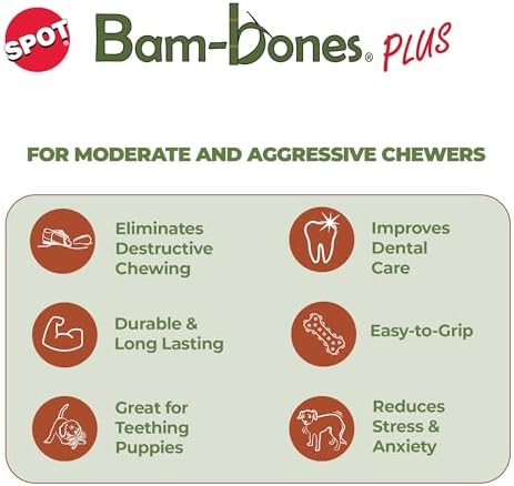 SPOT Bam-Bones Plus Gigglers Dumbbell Durable Dog Chew Toy, for Medium Aggressive Chewers, Bamboo Fiber & Nylon, Dual Texture, Massaging Rubber Ends, Peanut Butter Flavor, 5.5 in