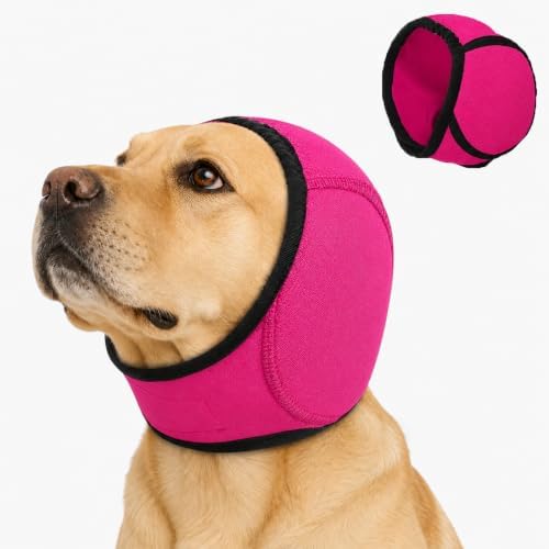 Dog Ear Muffs Noise Protection, Adjustable Dog Ear Wrap Calming Hoodie, No Shake Ear Covers for Thunder, Vacuum, Grooming & Bathing, Polyester Noise Reduction Padding with Elastic Strap(Rose red,M)