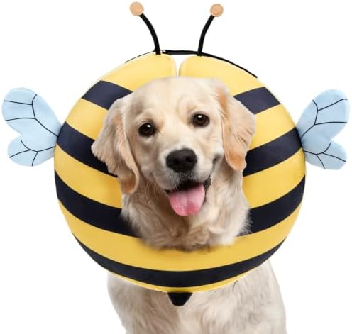 PAWCHIE Inflatable Dog Cone Collar Alternative, Soft Dog Cone for Medium to Large Dogs After Surgery, Adjustable Neck Recovery E-Collars Donut Collar with Cute Bee Shape, Yellow L