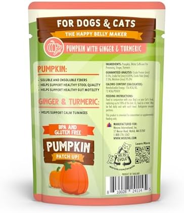 Weruva Pumpkin Patch Up!, Pumpkin with Ginger & Turmeric for Dogs & Cats, 2.8oz Pouch (Pack of 12)