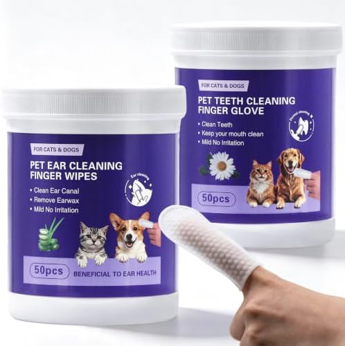 Pet Ear Finger Wipes and Dental Wipes, Hypoallergenic, Rinse-Free, Thick Dual-Textured Ear & Mouth Cleaning Wipes for Dogs & Cats(50pcs + 50pcs, Unscented)