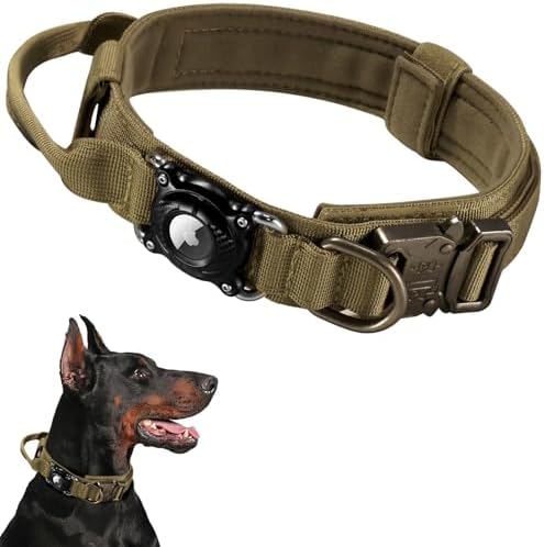 Upgraded AirTag Dog Collar, IP68 Waterproof Air Tag Dog Collar Holder, Ultra-Durable, Comfortable Padded, Heavy Duty Dog Collars for Medium Large Dogs with Smart ID tag(Khaki,XL)