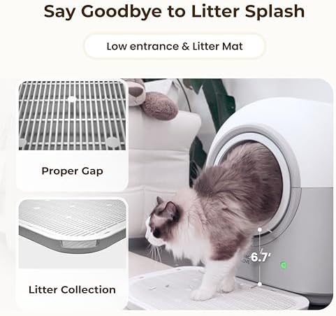 HHOLOVE Self Cleaning Cat Litter Box TY Pro, 60L Extra Large Open Automatic Litter Box App Control, Anti-Pinch for Multi Cats 3-20lbs, Advanced Odor Control with Mat&Liner(Grey)