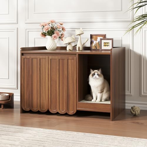 Halitaa Cat Litter Box Enclosure with Scratch Pad, Hidden Litter Box with Soft-Close Hinges, Modern Fluted Cat Litter Box Furniture, Dog Proof Litter Box Cabinet, Side Table, Walnut