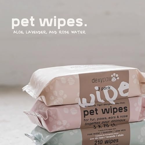 Dexypaws: Pet Cleansing Wipes - 3 Packs (70ct Each) - Aloe-Lavender-Rose Water - Wet Wipes for Dogs & Cats, Fur-Paws-Face, Natural Pet Safe Grooming