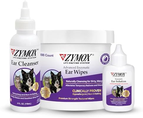 Zymox Enzymatic Ear Solution for Dogs and Cats, Ear Wipes, & Ear Cleanser - Product Bundle - for Dirty, Waxy, Smelly Ears and to Soothe Ear Infections