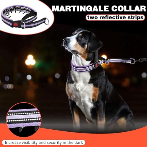 Martingale No Pull Dog Collar for Large Medium Small Dogs, Heavy Duty Nylon Adjustable Reflective Anti Pull Slip Collar with Buckle for Training Walking Hunting S Purple