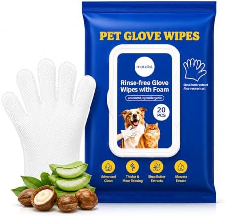 Pet Cleaning Gloves Wipes for Dogs & Cats – Disposable Grooming Gloves for Paws, Ears, Teeth & Body – Gentle & Easy No-Rinse Cleaning (20 Count)