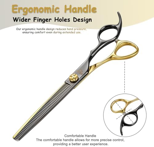 7.5'' Thinning Dog Grooming Scissors with Decorative Screw Sharp and Durable Black and Gold 440C Stainless Steel Dog Thinner Shears Easy Use for Groomers and Beginners.