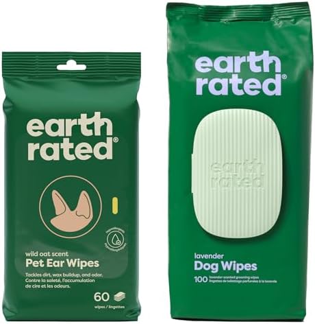 Earth Rated Ear Wipes & Grooming Wipes Bundle - Includes 60 Wild Oat-Scented Pet Ear Wipes and 100 Lavender-Scented Grooming Wipes.