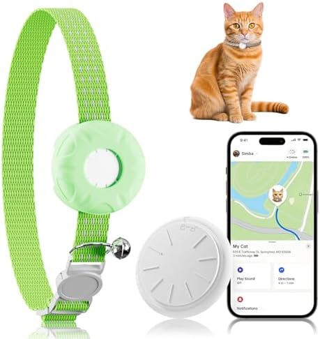 Cat Tracker, Lightweight GPS Tracker Compatible with Apple Find My App(Only iOS), Waterproof Cat Tracker Collar with Bell and Safety Elastic Buckle, No Monthly Fee,Works with Any Collar,Green
