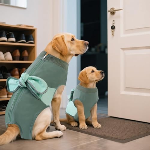 SAWMONG Recovery Suit for Dogs, Cotton Dog Surgery Suit Female Spay Pet Male Breathable, Zipper Neuter Onesie Bodysuit Prevent Licking Wounds, Substitute E-Collar & Cone(Green, Large)