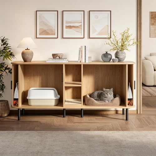 58" Double Cat Litter Box Enclosure, Large Hidden Litter Box Furniture for 2 Cats with Cat Scratch Pad, Wooden Modern Indoor Cat House with Double Room, TV Stand, Side Table, Natural