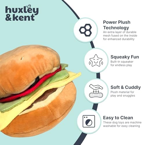 Huxley & Kent Funny Dog Toy w/Squeaker – Power Plush Squeaky Dog Toys for Small, Medium & Large Dogs – Soft Stuffed Animal for Indoor Play & Fetch - Hamburger, Large