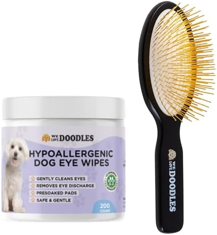 We Love Doodles Dog Eye Wipes & Pin Brush Bundle - Pre-Soaked Eye Wipes for Dogs, Tear Stain Remover for Dogs, Pet Eye Wipes,Pet Grooming Detangler Pin Dog Brush, Dog Brush for Shedding & Loose Fur