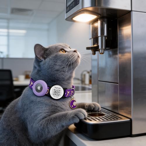 Stars and Moon AirTag Cat Collar with AirTag Holder,Air Tag Cat Collar for Apple. Solid & Safe, Pet Collar, Breakaway Cat Collar, Scan QR for Instant Location Alerts.NO APP(Purple)