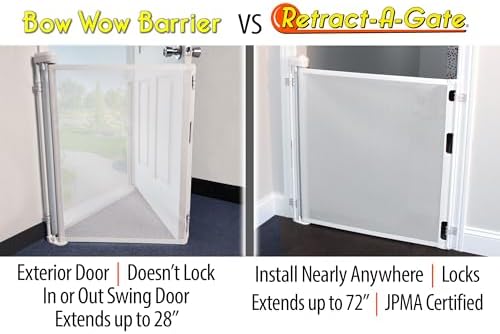 Bow Wow Barrier 28-Inch White Retractable Exterior-Door Barrier for Pets | USA-made Smart Retract hardware-mounted barrier for exterior doors; opens with the door to help keep dogs & cats inside