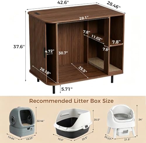 Large Cat Litter Box Enclosure with Scratch Pad, 42.6'' Hidden Litter Box Furniture for Automatic self-Cleaning Litter Boxes, Sliding Door, Adjustable Shelf for Dog Proof, Charging Station, Walnut