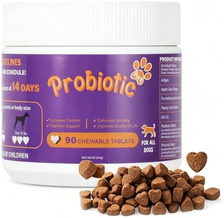 Dog Probiotic Chewable Tablets with Prebiotic, Apple Cider Vinegar & Papaya Powder, Pork Flavor Daily Digestive Supplement for All Breeds Dogs, 90 Count