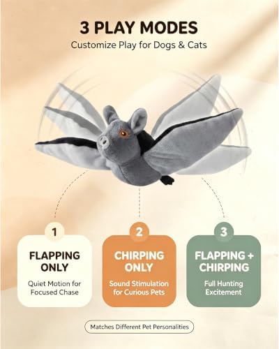 Flying Bat Dog Toy, Interactive Flying Bat Toy for Dogs with Flapping Wings, Chirping Sounds, USB Rechargeable, Touch Activated, Hanging or Floor Toy for Dogs, Puppies and Cats to Reduce Boredom，1PCS