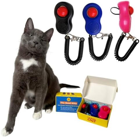 TRAVEL CAT Clicker Training Kit - 3 Pack Cat and Puppy Training Clicker with Button and Wrist Strap for Cats Behavior, Rewards Training - Red, Blue and Black Pet Training Clicker with Loud Click Sound