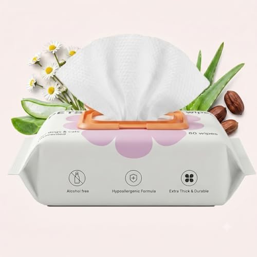 Hypoallergenic Dog Wipes for Paws & Butt, Extra Thick Plant Based Pet Wipes for Dogs & Cats, Alcohol-Free Lick-Safe Grooming Wipes, 80 Count
