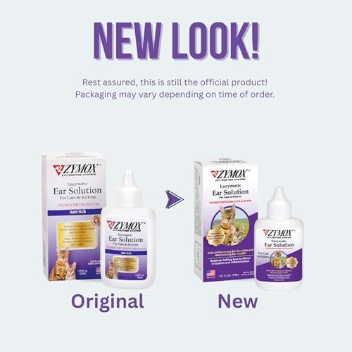 Zymox Enzymatic Ear Solution with 0.5% Hydrocortisone for Cats & Kittens, 1.25 oz. – Cleans & Refreshes Ear Canal for Relief from Wax, Dirt Buildup, Itchiness, Irritation, Inflammation & Redness