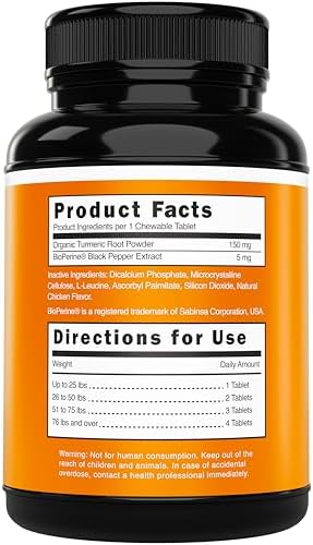 Turmeric for Dogs (155mg) Turmeric Curcumin Supplement for Dogs with BioPerine - Immune System Hip, Mobility & Joint Support - 120 Chicken Flavor Chewable Tablets - Third Party Tested & Non-GMO